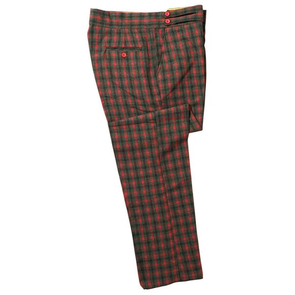 Mens 36 Gurkha Pants Green Red Plaid Check Wool Flat Front Straight Fit Trousers - Picture 2 of 8